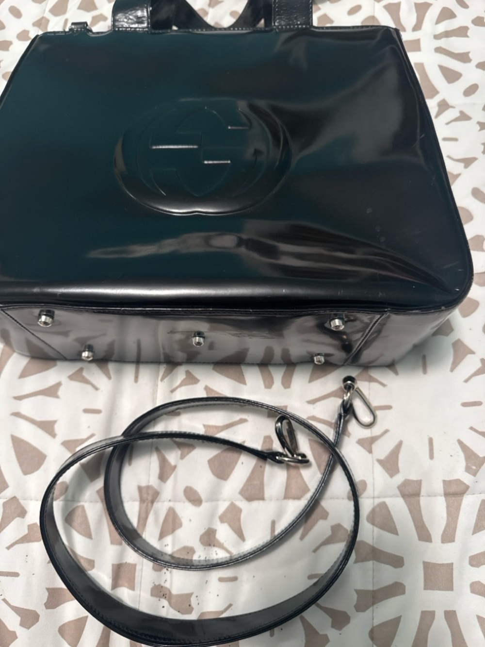 Gucci Black Patent Leather Embossed Logo Satchel - Picture 5 of 5